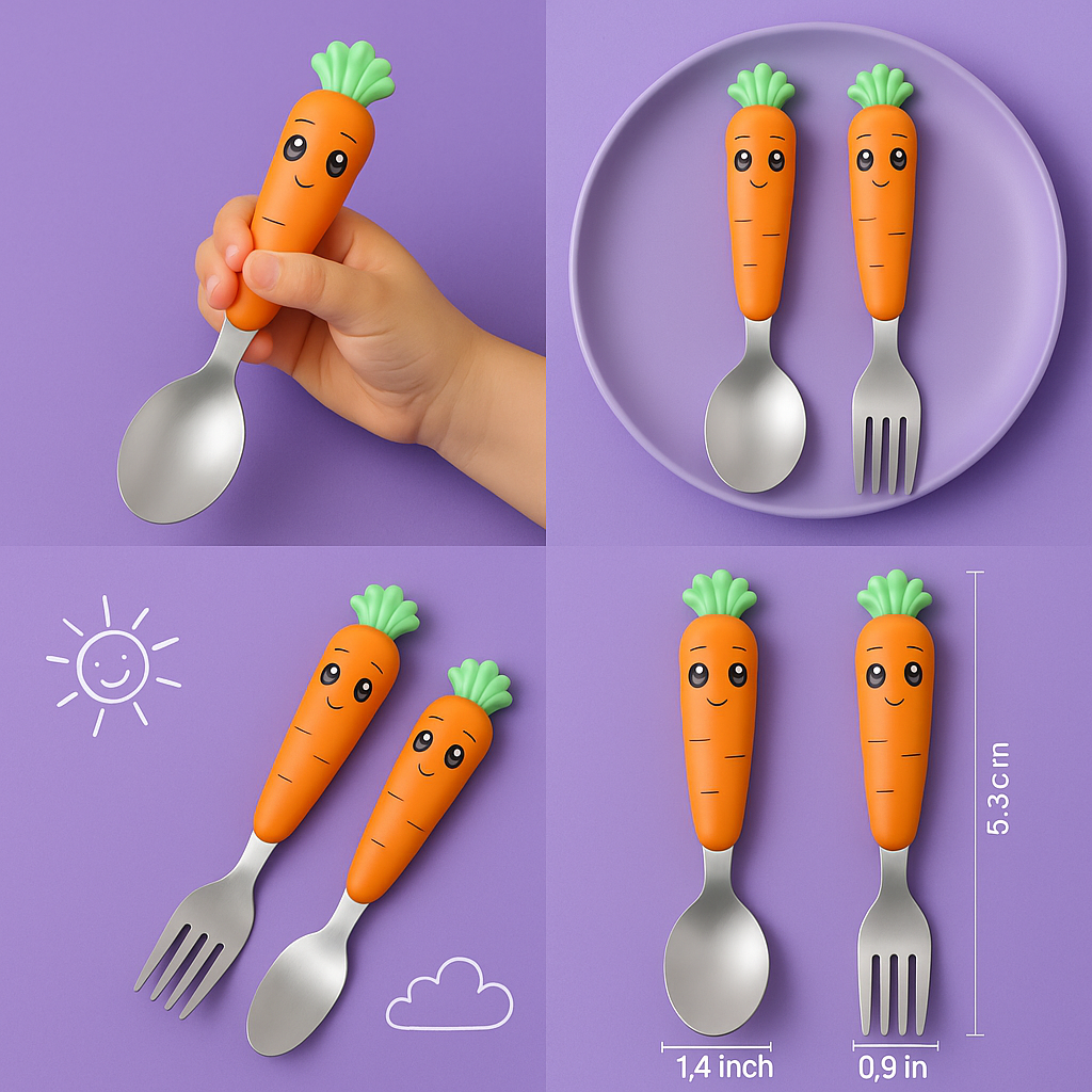 Kids Carrot Spoon & Fork Set – Safe PP Handle & 304 Stainless Steel | Little Handles