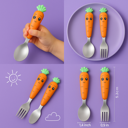 Kids Carrot Spoon & Fork Set – Safe PP Handle & 304 Stainless Steel | Little Handles
